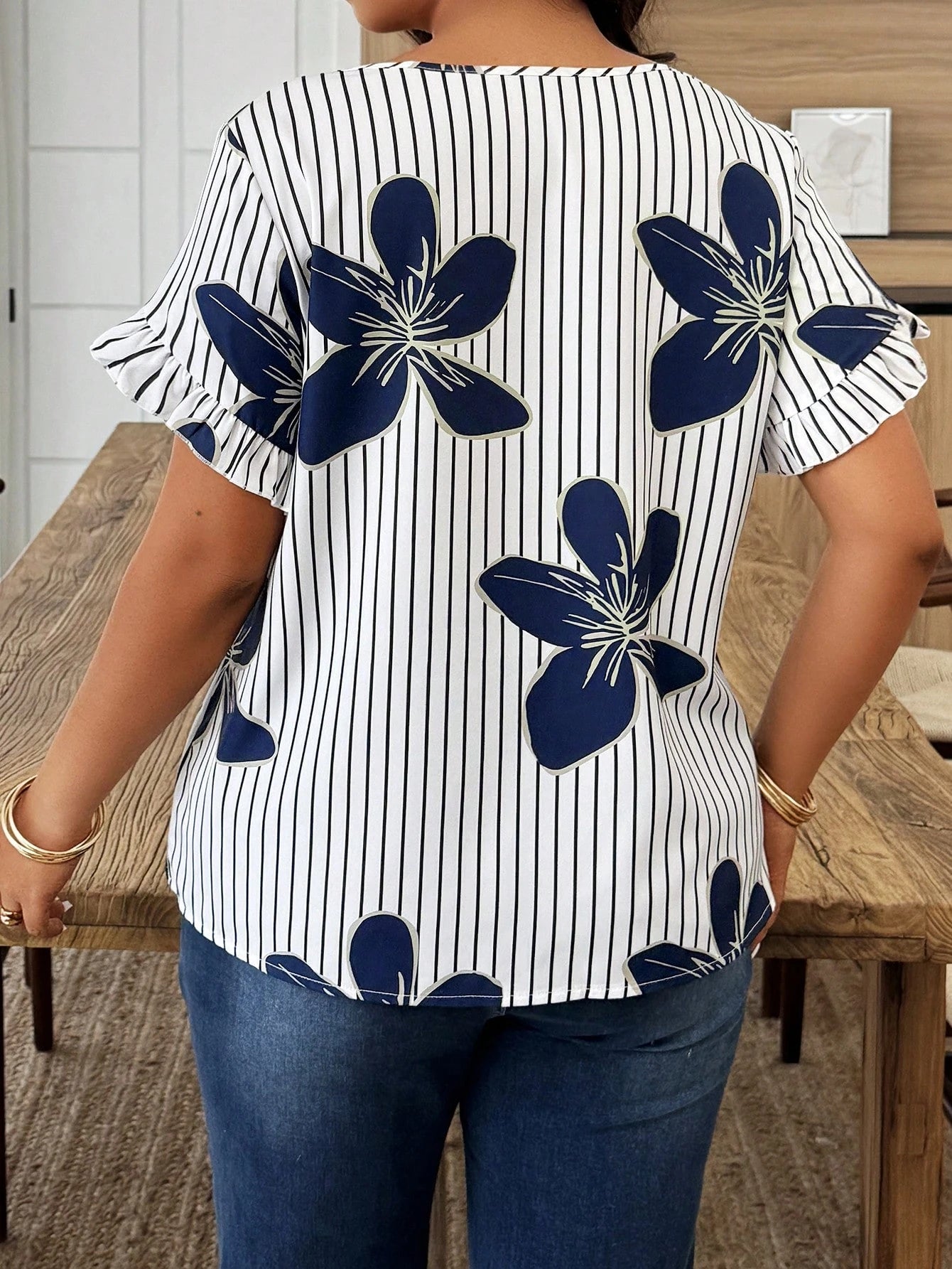 Weeklong Plus Size Women's Casual Elegant Floral Puff Sleeve Striped Printed Vacation Shirt, Spring/Summer Evening Office White Chic