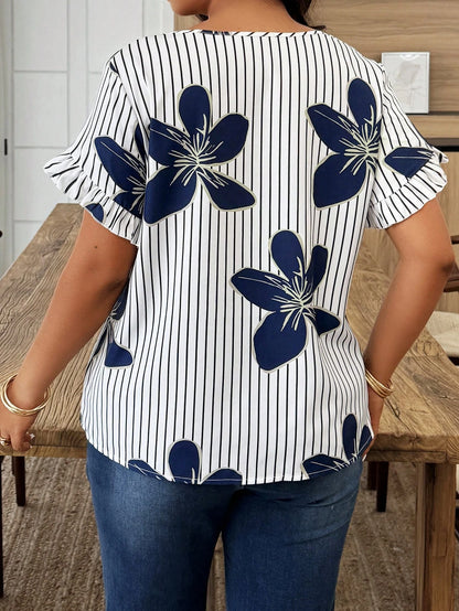 Weeklong Plus Size Women's Casual Elegant Floral Puff Sleeve Striped Printed Vacation Shirt, Spring/Summer Evening Office White Chic