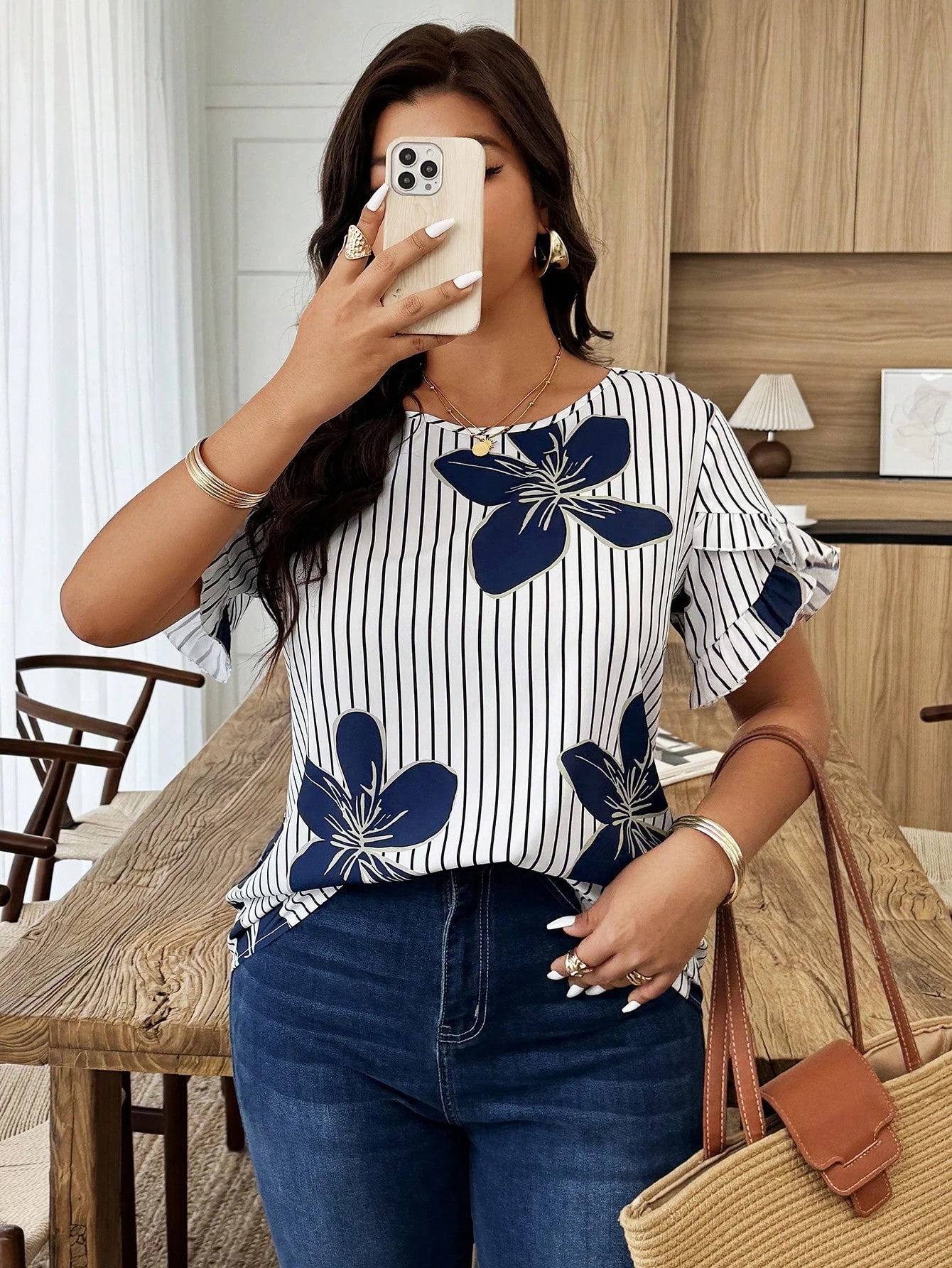 Weeklong Plus Size Women's Casual Elegant Floral Puff Sleeve Striped Printed Vacation Shirt, Spring/Summer Evening Office White Chic
