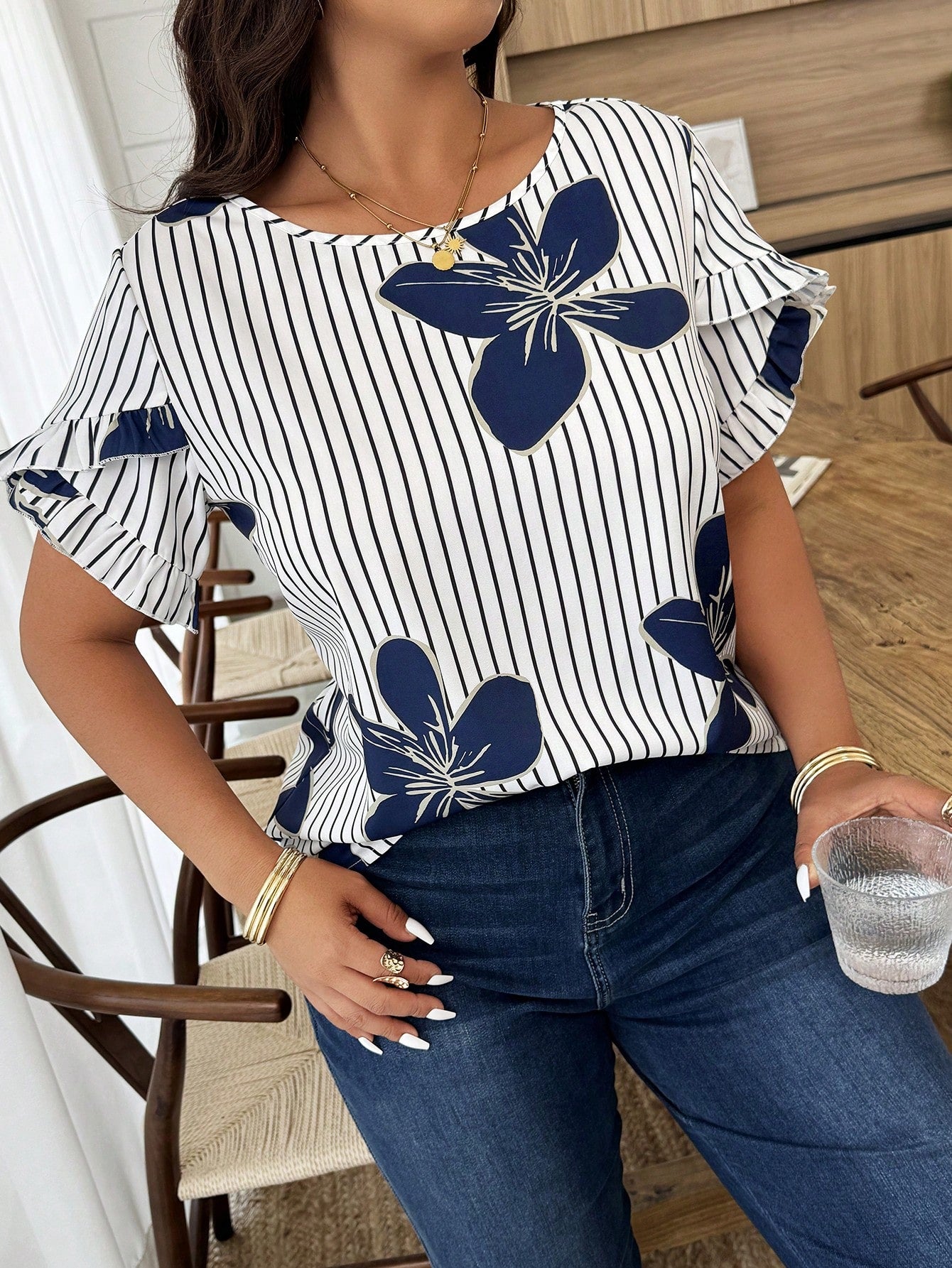 Weeklong Plus Size Women's Casual Elegant Floral Puff Sleeve Striped Printed Vacation Shirt, Spring/Summer Evening Office White Chic