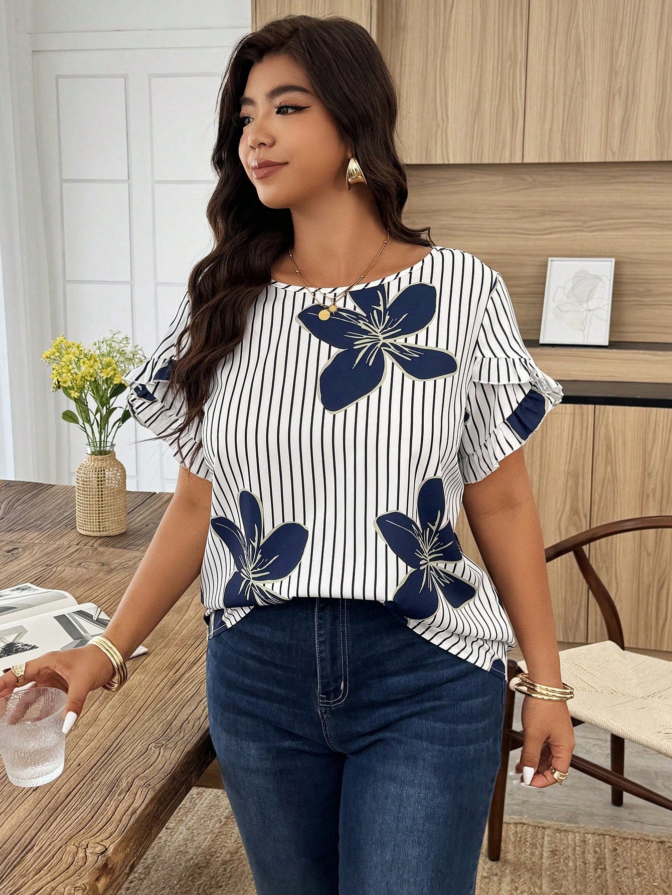 Weeklong Plus Size Women's Casual Elegant Floral Puff Sleeve Striped Printed Vacation Shirt, Spring/Summer Evening Office White Chic
