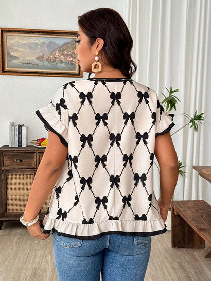 Weeklong Plus Size Women's Round Neck Short Sleeve Bow Print Elegant Blouse