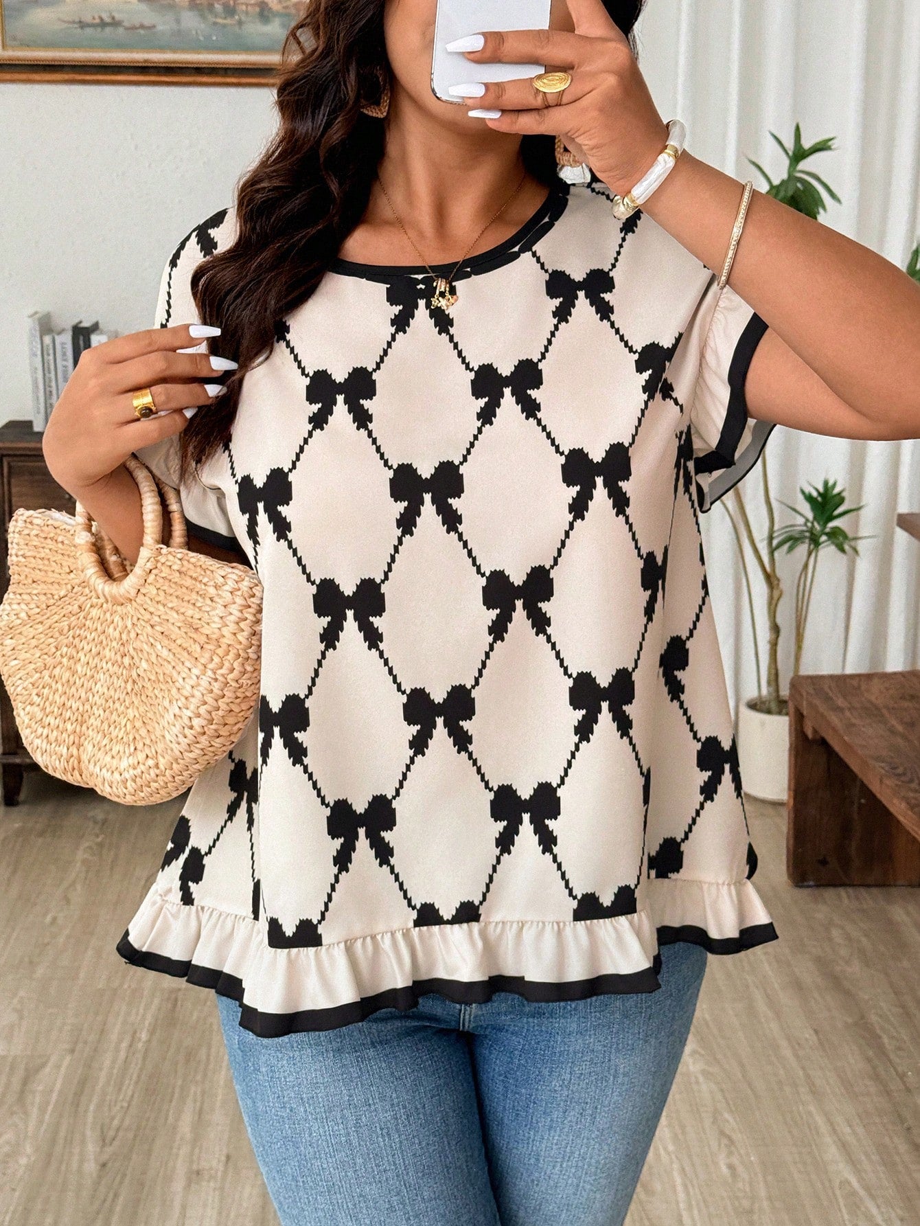 Weeklong Plus Size Women's Round Neck Short Sleeve Bow Print Elegant Blouse