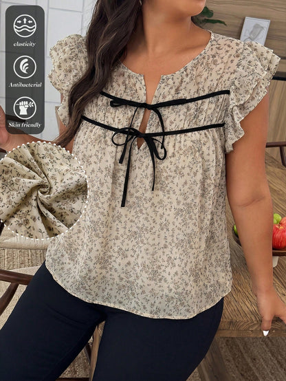 Weeklong Plus Size Women's Spring/Summer Ditsy Floral Colorblock Tie-Front Casual Vacation Shirt
