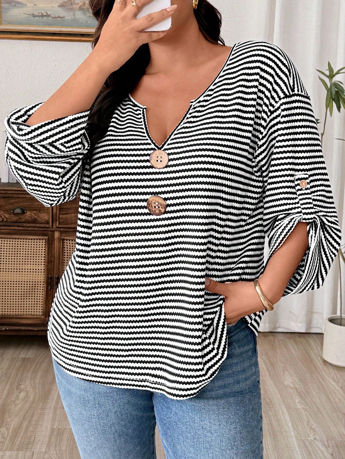 Weeklong Plus Size Women's Striped Notch V-Neck Casual Versatile Daily Wear T-Shirt