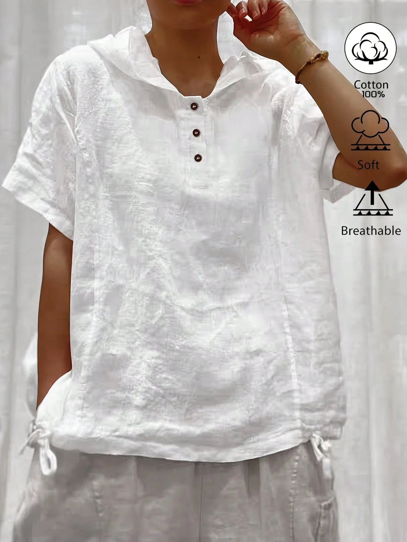 Weeklong White Cotton-Linen Hooded Short-Sleeve Button-Up Shirt, Plus Size, Loose Fit, Casual Resort, Summer Pastoral Style