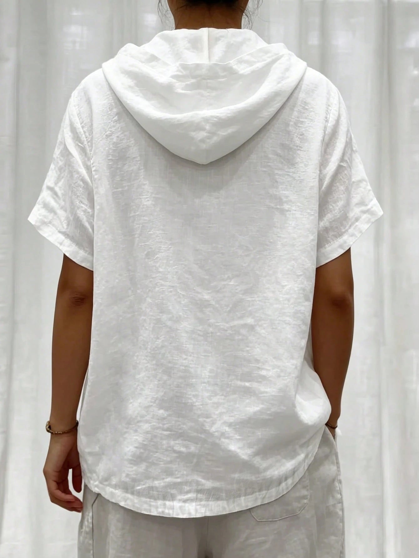 Weeklong White Cotton-Linen Hooded Short-Sleeve Button-Up Shirt, Plus Size, Loose Fit, Casual Resort, Summer Pastoral Style
