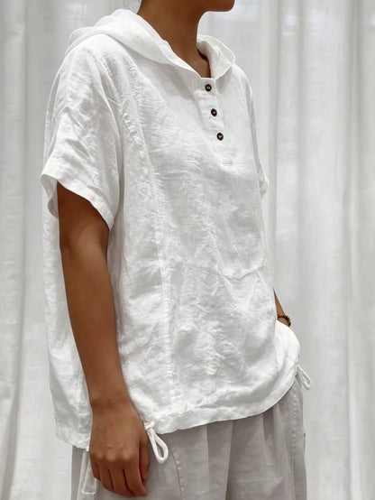 Weeklong White Cotton-Linen Hooded Short-Sleeve Button-Up Shirt, Plus Size, Loose Fit, Casual Resort, Summer Pastoral Style