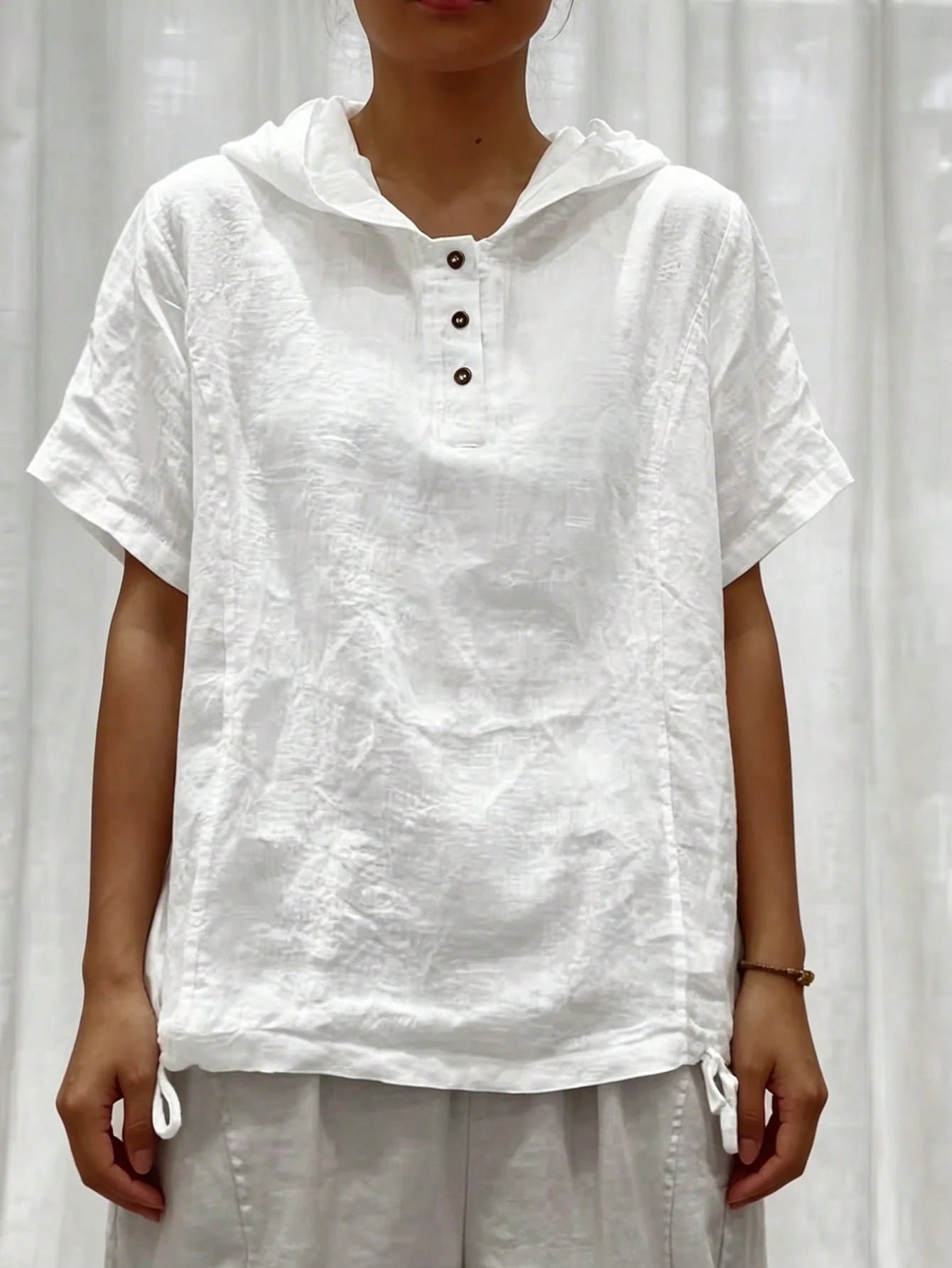 Weeklong White Cotton-Linen Hooded Short-Sleeve Button-Up Shirt, Plus Size, Loose Fit, Casual Resort, Summer Pastoral Style