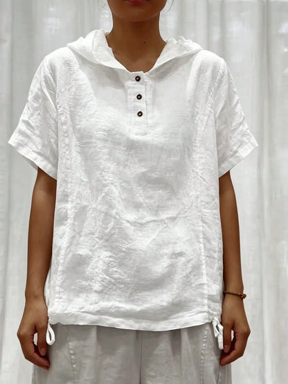 Weeklong White Cotton-Linen Hooded Short-Sleeve Button-Up Shirt, Plus Size, Loose Fit, Casual Resort, Summer Pastoral Style