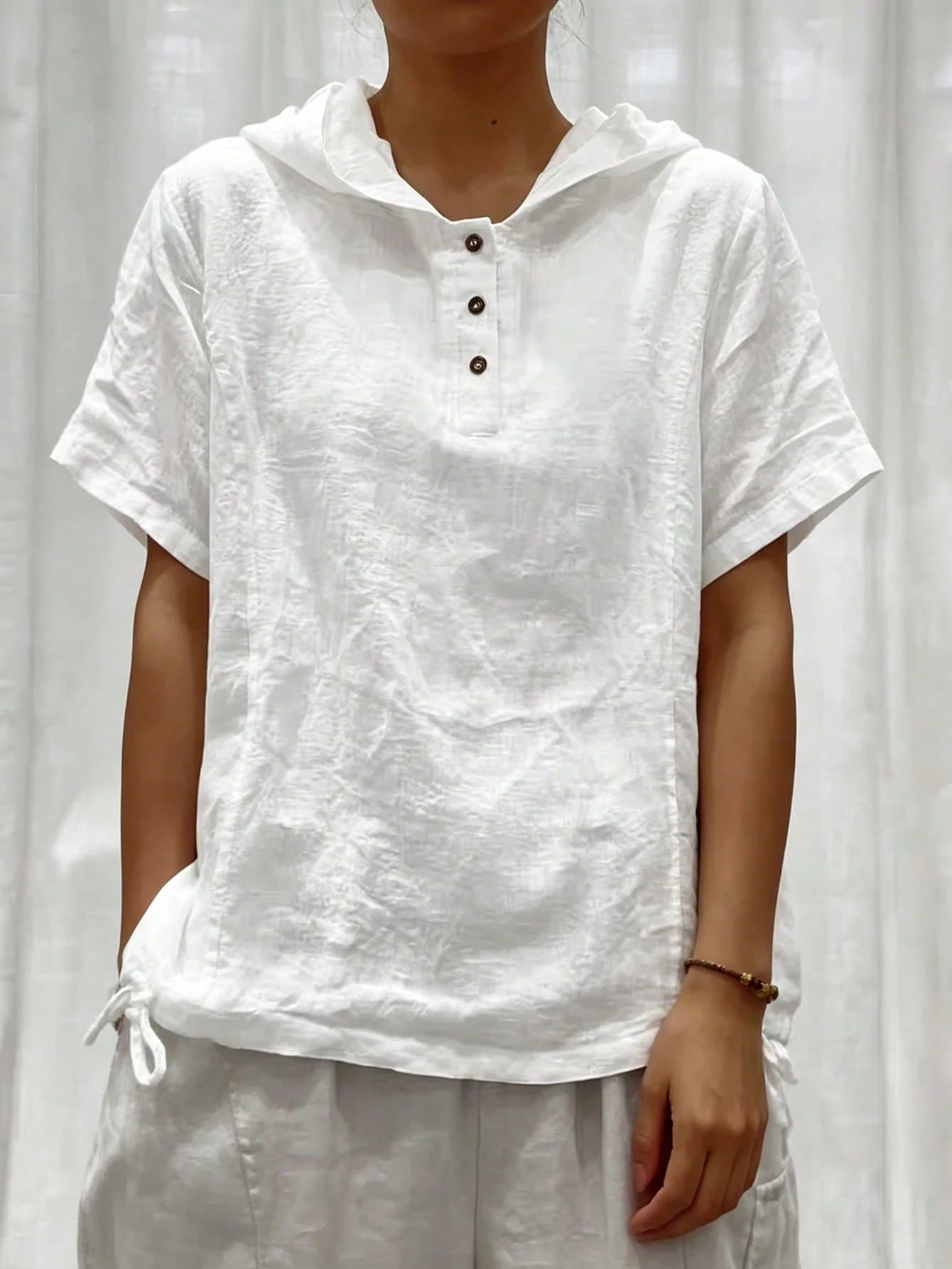 Weeklong White Cotton-Linen Hooded Short-Sleeve Button-Up Shirt, Plus Size, Loose Fit, Casual Resort, Summer Pastoral Style