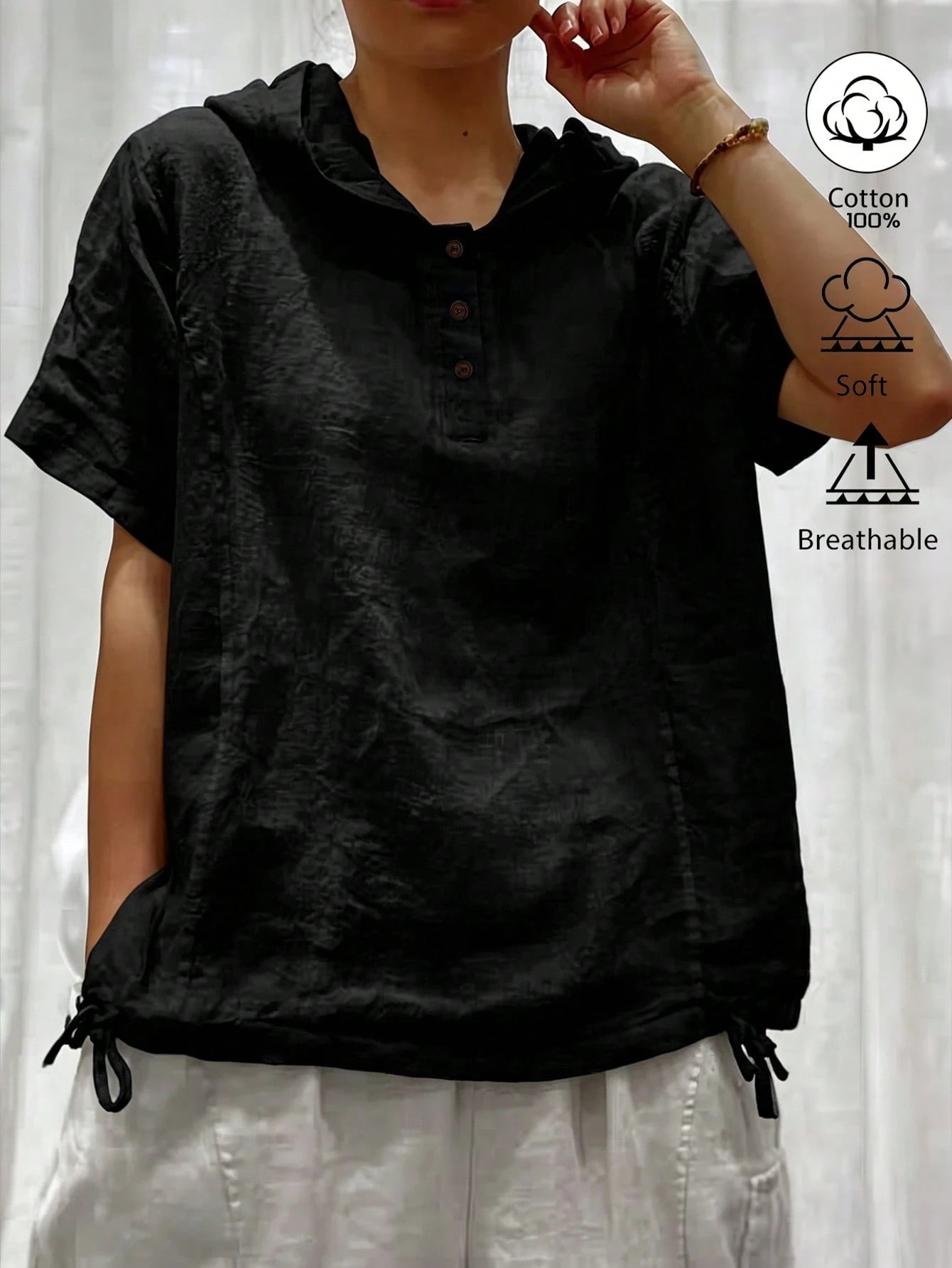 Weeklong White Cotton-Linen Hooded Short-Sleeve Button-Up Shirt, Plus Size, Loose Fit, Casual Resort, Summer Pastoral Style