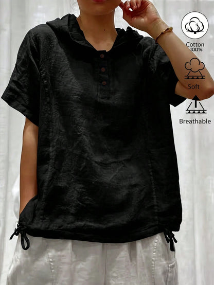 Weeklong White Cotton-Linen Hooded Short-Sleeve Button-Up Shirt, Plus Size, Loose Fit, Casual Resort, Summer Pastoral Style