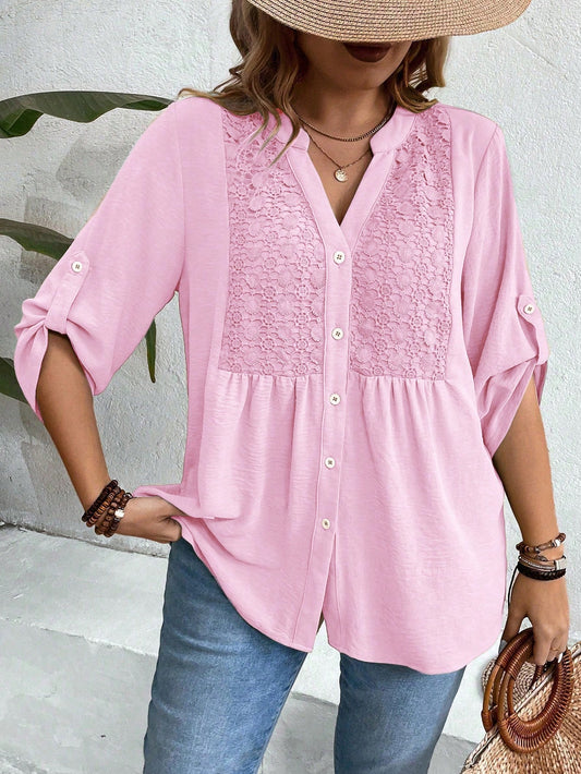 Weeklong Women Plus Size Lace Patchwork 3/4 Sleeve V-Neck Button Down Shirt,Blush Pink,Summer,Boho,Formal,Vacation,Holiday Light Top Flared Ruffle Hem Blouse