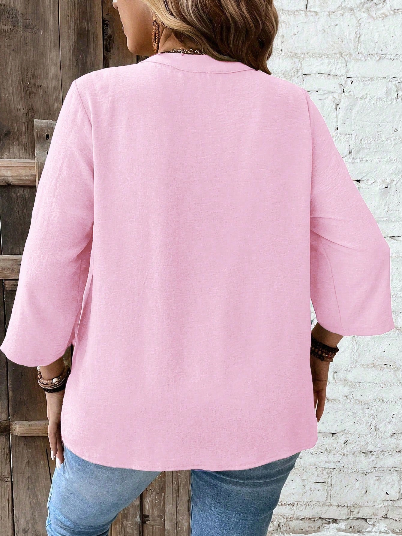 Weeklong Women Plus Size Lace Patchwork 3/4 Sleeve V-Neck Button Down Shirt,Blush Pink,Summer,Boho,Formal,Vacation,Holiday Light Top Flared Ruffle Hem Blouse