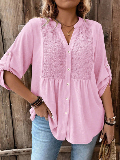 Weeklong Women Plus Size Lace Patchwork 3/4 Sleeve V-Neck Button Down Shirt,Blush Pink,Summer,Boho,Formal,Vacation,Holiday Light Top Flared Ruffle Hem Blouse
