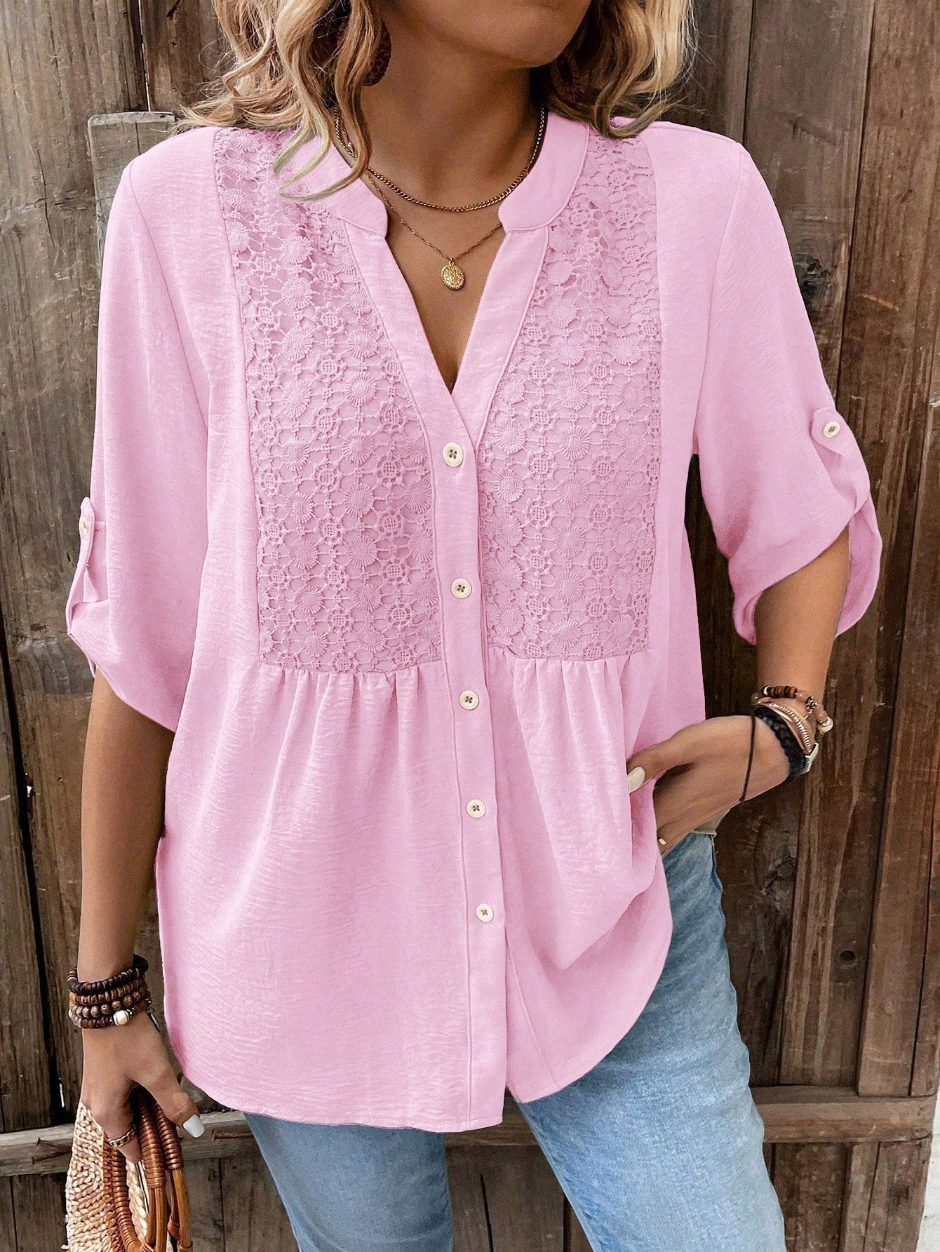 Weeklong Women Plus Size Lace Patchwork 3/4 Sleeve V-Neck Button Down Shirt,Blush Pink,Summer,Boho,Formal,Vacation,Holiday Light Top Flared Ruffle Hem Blouse
