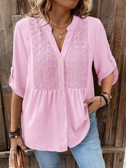 Weeklong Women Plus Size Lace Patchwork 3/4 Sleeve V-Neck Button Down Shirt,Blush Pink,Summer,Boho,Formal,Vacation,Holiday Light Top Flared Ruffle Hem Blouse