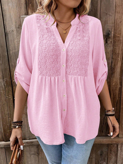 Weeklong Women Plus Size Lace Patchwork 3/4 Sleeve V-Neck Button Down Shirt,Blush Pink,Summer,Boho,Formal,Vacation,Holiday Light Top Flared Ruffle Hem Blouse