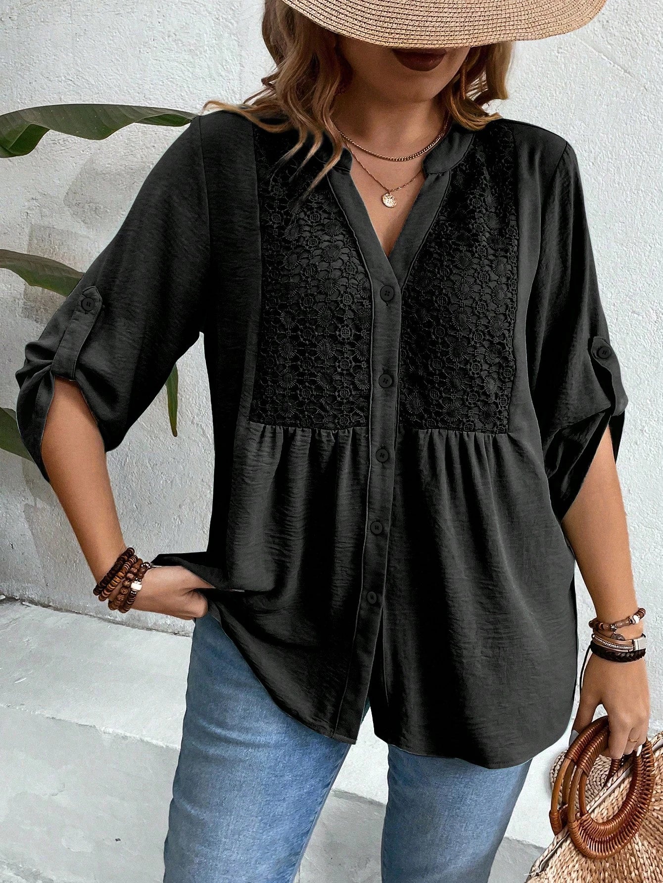 Weeklong Women Plus Size Lace Patchwork 3/4 Sleeve V-Neck Button Down Shirt,Blush Pink,Summer,Boho,Formal,Vacation,Holiday Light Top Flared Ruffle Hem Blouse