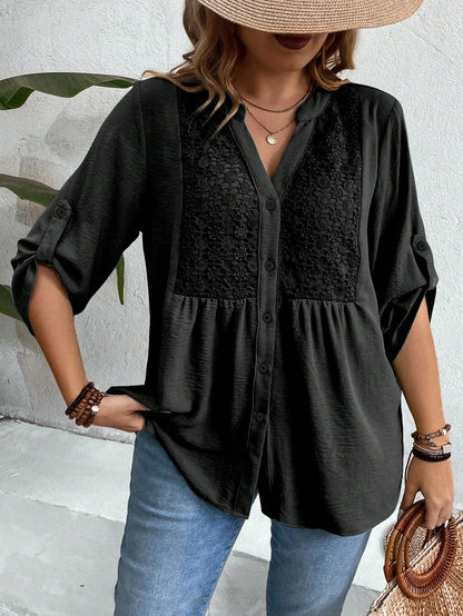 Weeklong Women Plus Size Lace Patchwork 3/4 Sleeve V-Neck Button Down Shirt,Blush Pink,Summer,Boho,Formal,Vacation,Holiday Light Top Flared Ruffle Hem Blouse