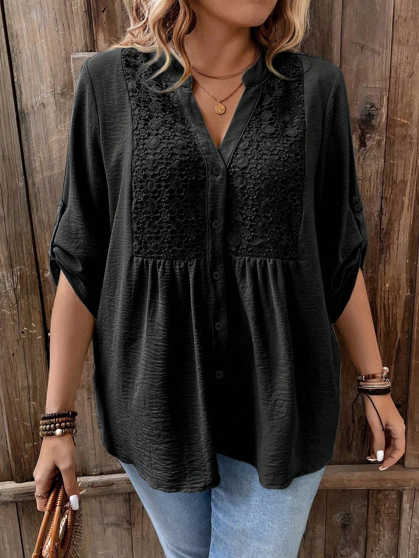 Weeklong Women Plus Size Lace Patchwork 3/4 Sleeve V-Neck Button Down Shirt,Blush Pink,Summer,Boho,Formal,Vacation,Holiday Light Top Flared Ruffle Hem Blouse