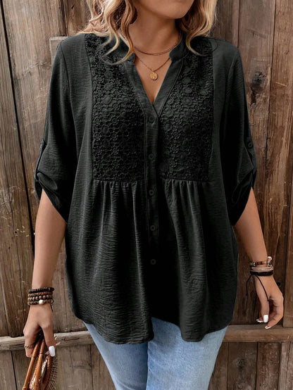 Weeklong Women Plus Size Lace Patchwork 3/4 Sleeve V-Neck Button Down Shirt,Blush Pink,Summer,Boho,Formal,Vacation,Holiday Light Top Flared Ruffle Hem Blouse