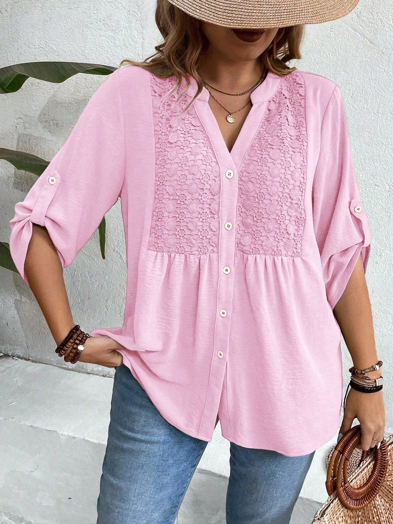 Weeklong Women Plus Size Lace Patchwork 3/4 Sleeve V-Neck Button Down Shirt,Blush Pink,Summer,Boho,Formal,Vacation,Holiday Light Top Flared Ruffle Hem Blouse