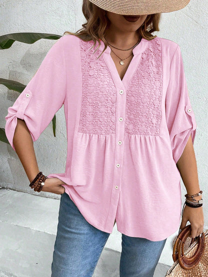Weeklong Women Plus Size Lace Patchwork 3/4 Sleeve V-Neck Button Down Shirt,Blush Pink,Summer,Boho,Formal,Vacation,Holiday Light Top Flared Ruffle Hem Blouse