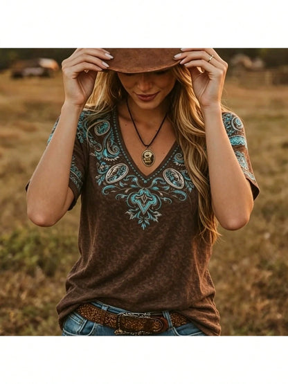 Western Paisley Print V-Neck T-Shirt- Short Sleeve Blouse-Compatible Top| Casual Comfortable Vibe Suitable For Seasons, Machine Washable Summer Blous