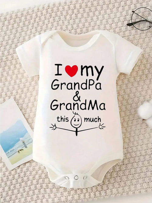 White Baby Clothing With "I ♥ My GrandPa & GrandMa This Much" Print And Stick Figure Drawing Baby Boys And Girls 2025 Newborn Baby Bodysuit Casual Short Sleeve Knitted Fabric Monogram Print Regular Ba