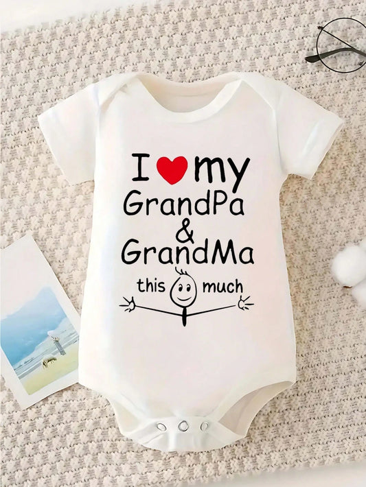 White Baby Clothing With "I ♥ My GrandPa & GrandMa This Much" Print And Stick Figure Drawing Baby Boys And Girls 2025 Newborn Baby Bodysuit Casual Short Sleeve Knitted Fabric Monogram Print Regular Ba