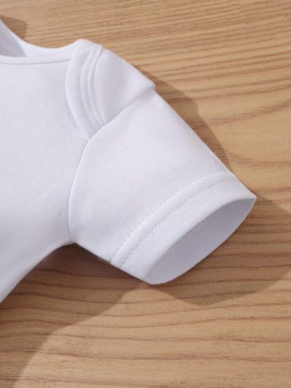 White Baby Clothing With "I ♥ My GrandPa & GrandMa This Much" Print And Stick Figure Drawing Baby Boys And Girls 2025 Newborn Baby Bodysuit Casual Short Sleeve Knitted Fabric Monogram Print Regular Ba