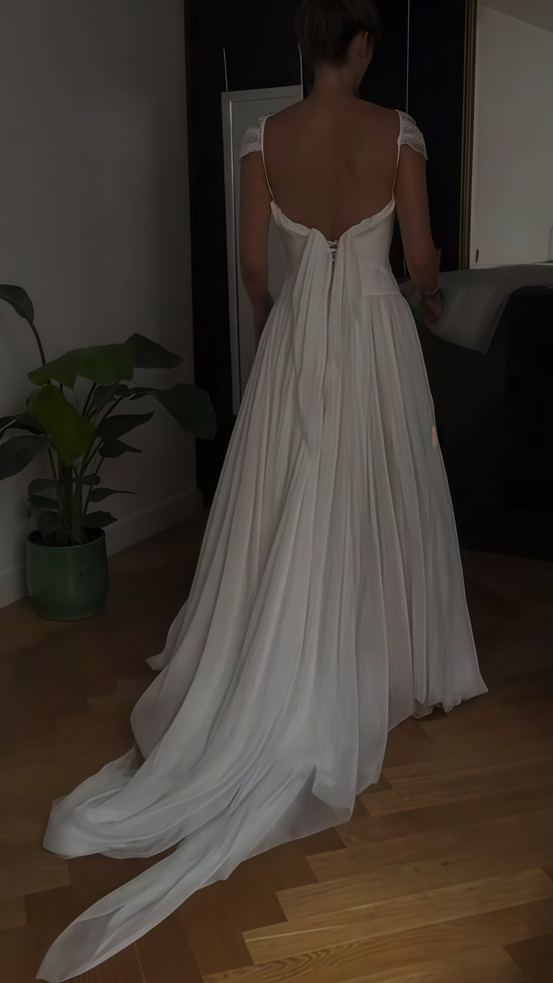 White Pleated Chiffon Wedding Gown - Cap Sleeves V-Neck Bridal Dress