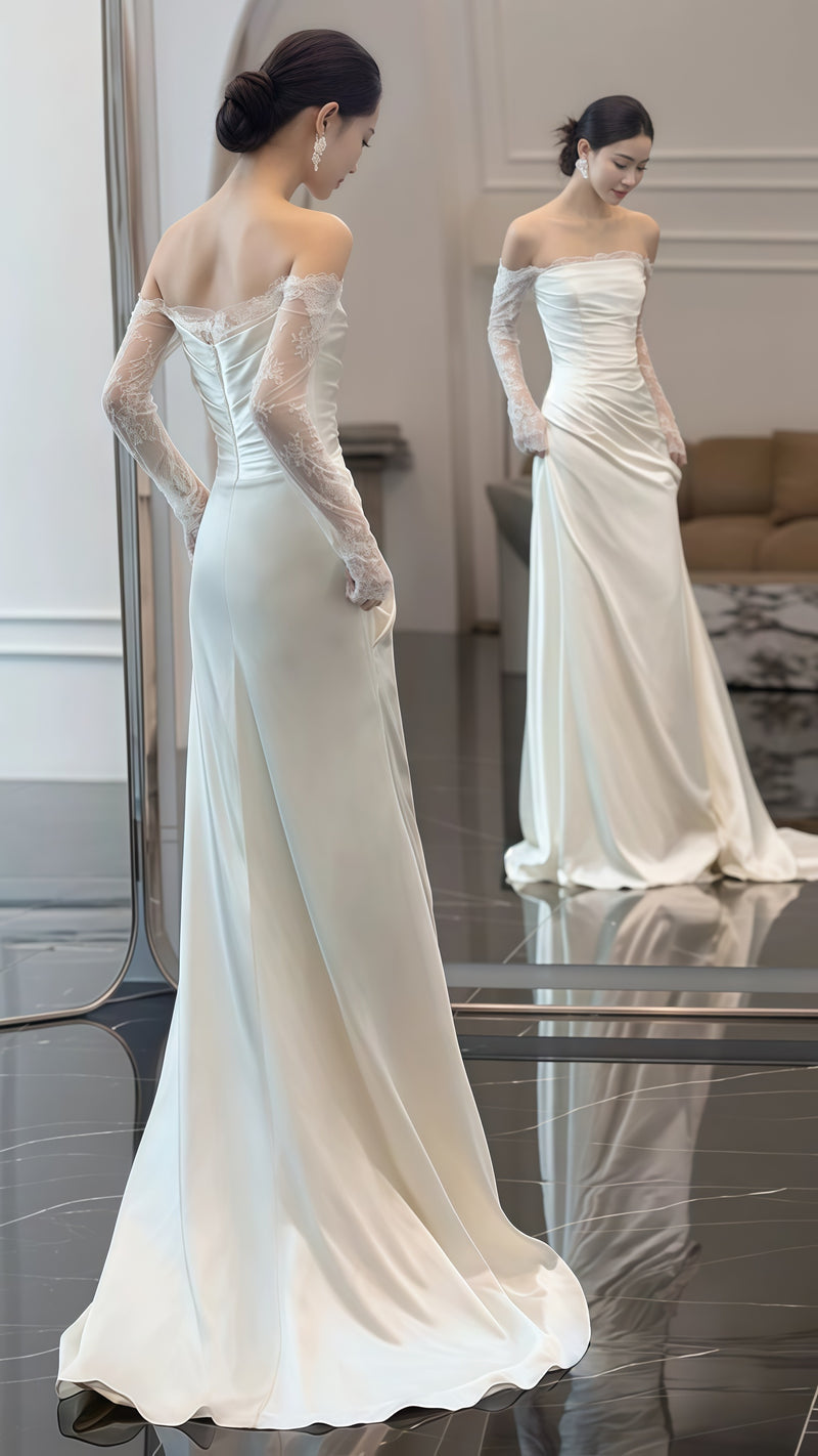 White Satin Lace Sheath Wedding Dresses, Long Sleeves Bridal Dress,AST1787