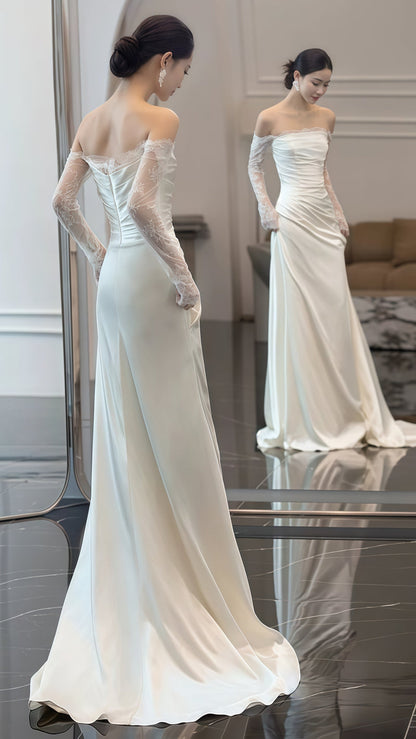 White Satin Lace Sheath Wedding Dresses, Long Sleeves Bridal Dress,AST1787
