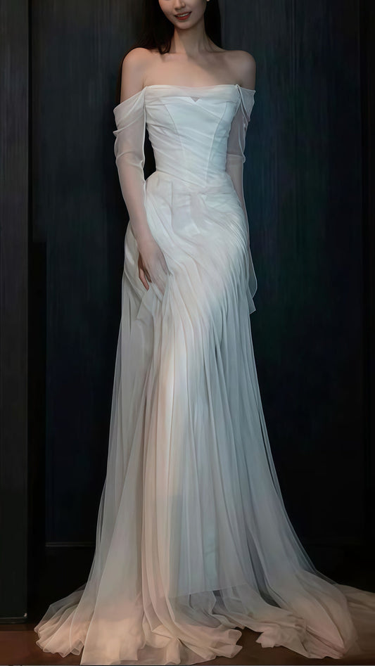 White Sheath Tulle Wedding Dress, White Off The Shoulder Prom Dress,AST1786
