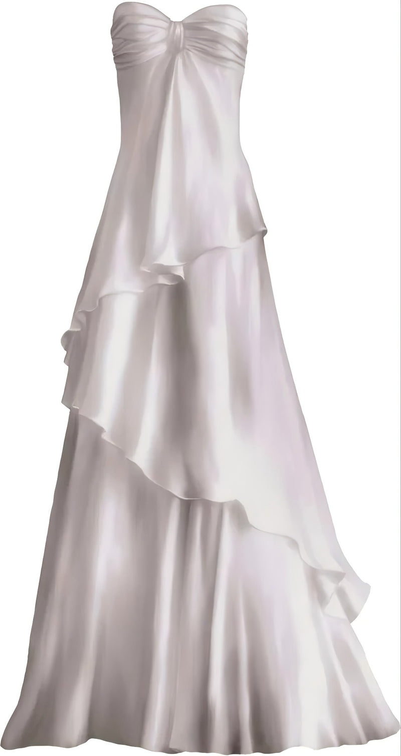 White strapless gown with ruffled layers on a white background