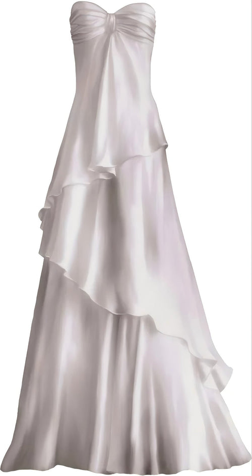 White strapless gown with ruffled layers on a white background