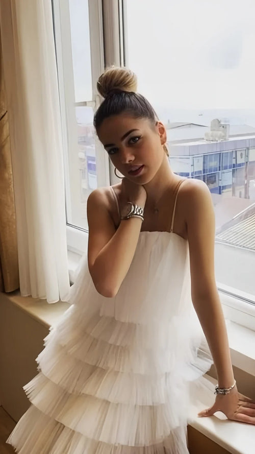 White Tulle Ruffle Homecoming Dresses A-line Graduation Dress, AST2041