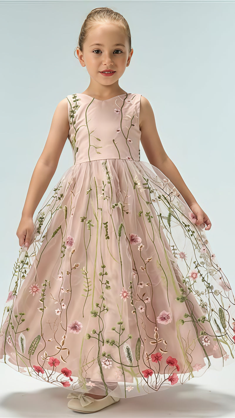 White V-neck Floral Flower Girls Dresses,AST1649