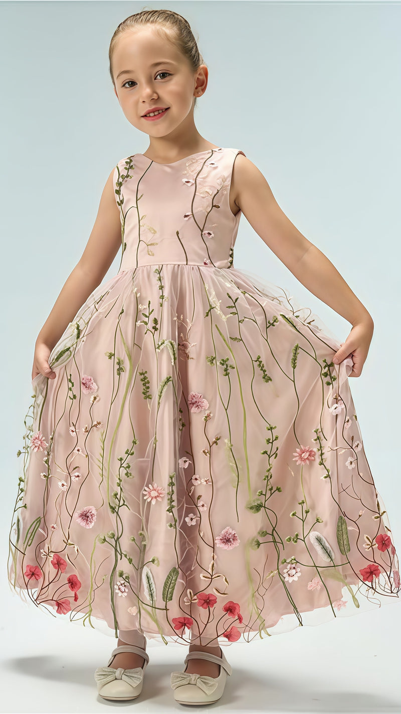 White V-neck Floral Flower Girls Dresses,AST1649