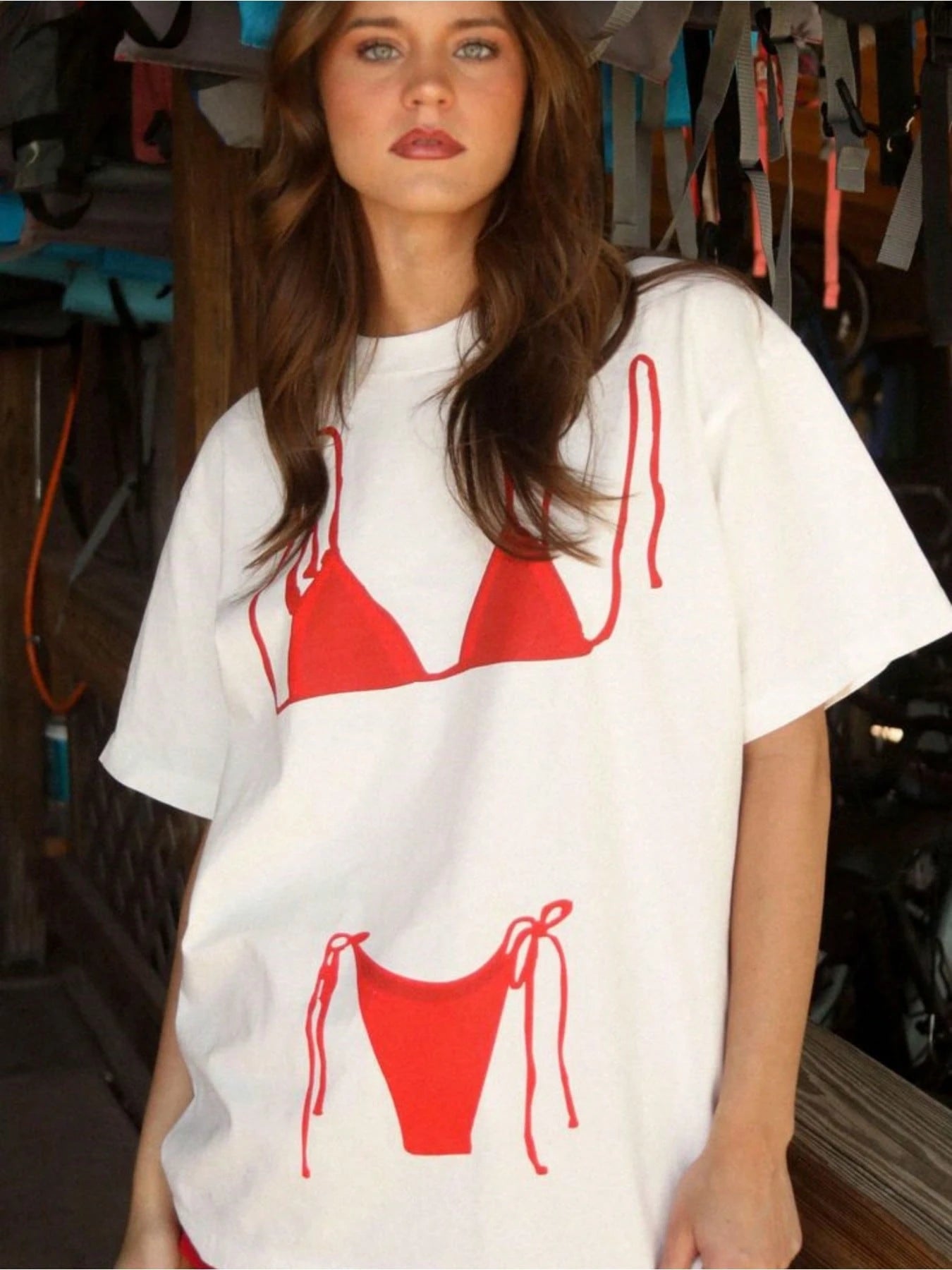 White With Red Bikini Pattern Print, Suitable For Casual Daily Wear And As A Swimwear Top, Ideal For The Beach And Parties-Summer Fashion, Fun Design