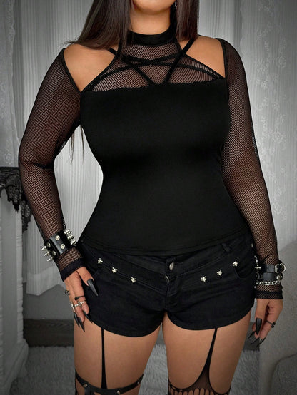 Whyspr Casual Punk Plus Size Black Long Sleeve Mesh T-Shirt, Sexy Slim Fit Casual Versatile Bold Avant-Garde Punk Style Off-Shoulder Five-Pointed Star Neckline Patchwork Webbing Mesh Fabric Slim Fit L
