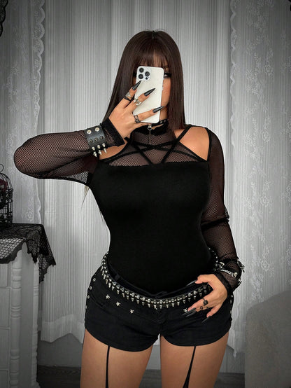 Whyspr Casual Punk Plus Size Black Long Sleeve Mesh T-Shirt, Sexy Slim Fit Casual Versatile Bold Avant-Garde Punk Style Off-Shoulder Five-Pointed Star Neckline Patchwork Webbing Mesh Fabric Slim Fit L