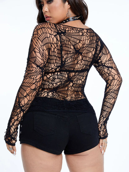Whyspr Casual Punk Plus Size Women's Asymmetrical Laser Cut Spiderweb Long Sleeve Sexy Top Fall Cloth For Women