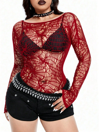 Whyspr Casual Punk Plus Size Women's Asymmetrical Laser Cut Spiderweb Long Sleeve Sexy Top Fall Cloth For Women