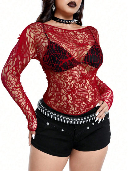 Whyspr Casual Punk Plus Size Women's Asymmetrical Laser Cut Spiderweb Long Sleeve Sexy Top Fall Cloth For Women