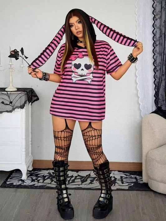 Whyspr Plus Size Women's Black & Pink Striped Rabbit Ear Lace Patchwork Decor Black & Purple Contrast Skull Print Striped T-Shirt, Cute Street Sexy, Y2K, Rabbit Ear, Lace Patchwork