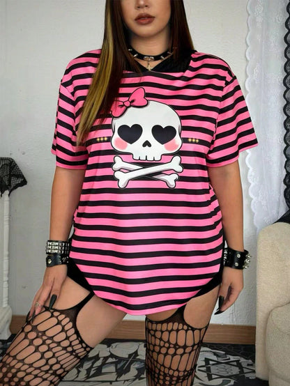 Whyspr Plus Size Women's Black & Pink Striped Rabbit Ear Lace Patchwork Decor Black & Purple Contrast Skull Print Striped T-Shirt, Cute Street Sexy, Y2K, Rabbit Ear, Lace Patchwork